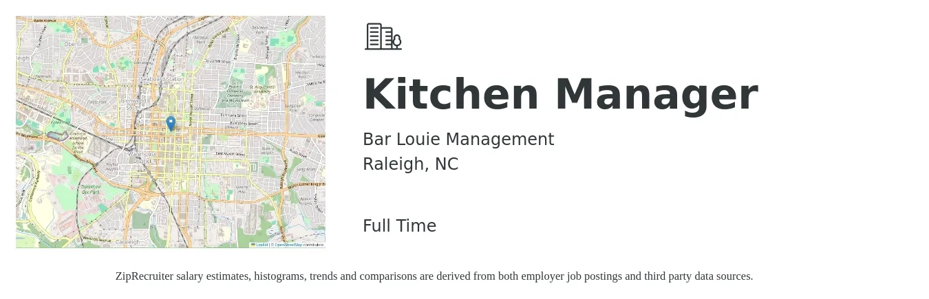 Bar Louie Management job posting for a Kitchen Manager in Raleigh, NC with a salary of $37,900 to $60,800 Yearly with a map of Raleigh location.