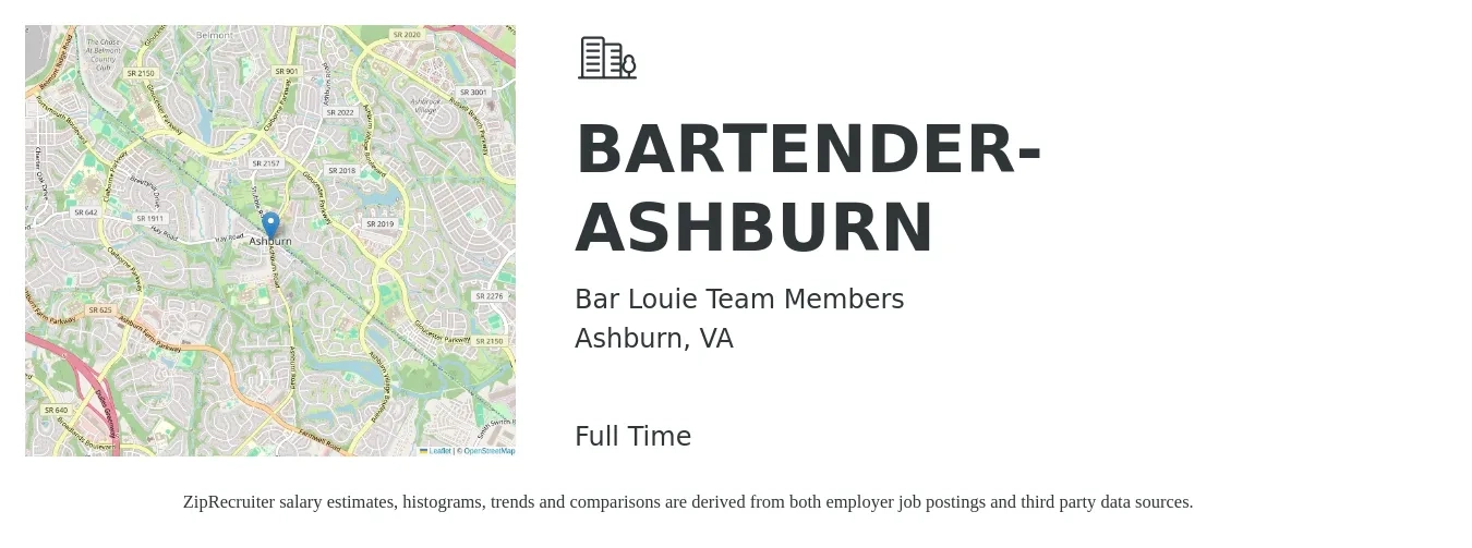 Bar Louie Team Members job posting for a BARTENDER- ASHBURN in Ashburn, VA with a salary of $10 to $19 Hourly with a map of Ashburn location.