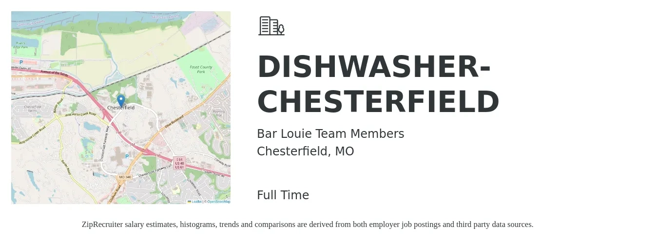 Bar Louie Team Members job posting for a DISHWASHER- CHESTERFIELD in Chesterfield, MO with a salary of $13 to $16 Hourly with a map of Chesterfield location.