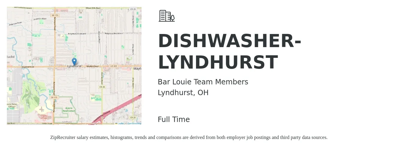 Bar Louie Team Members job posting for a DISHWASHER- LYNDHURST in Lyndhurst, OH with a salary of $13 to $17 Hourly with a map of Lyndhurst location.