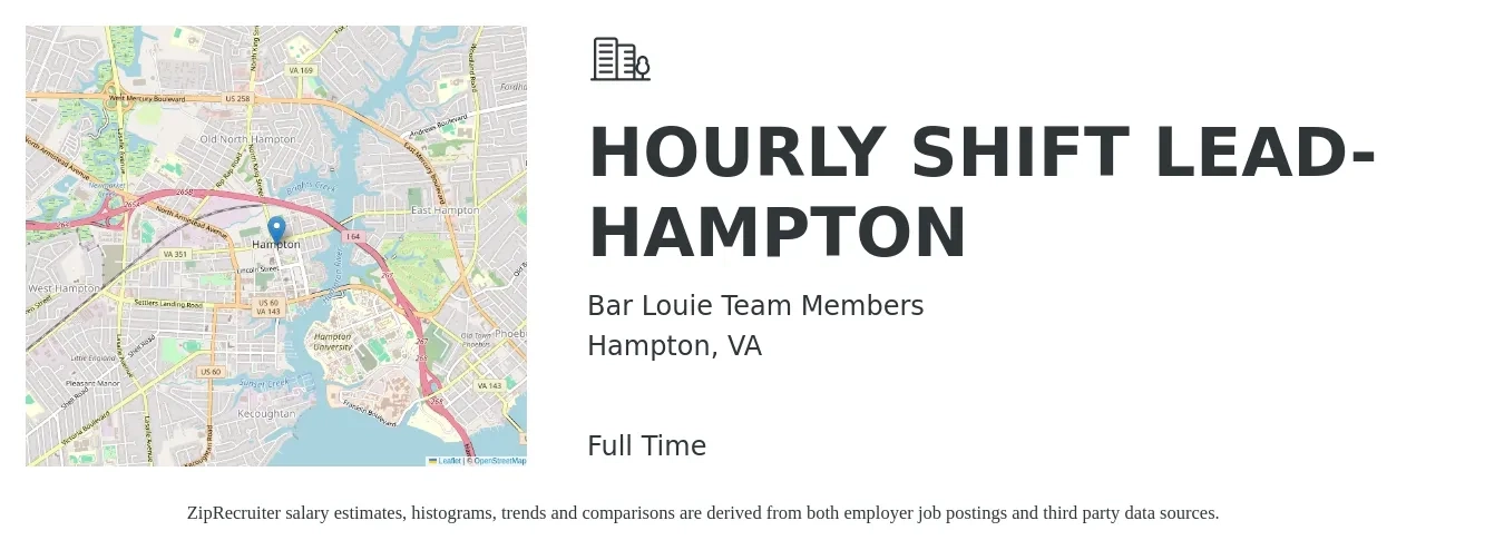 Bar Louie Team Members job posting for a HOURLY SHIFT LEAD- HAMPTON in Hampton, VA with a salary of $13 to $16 Hourly with a map of Hampton location.