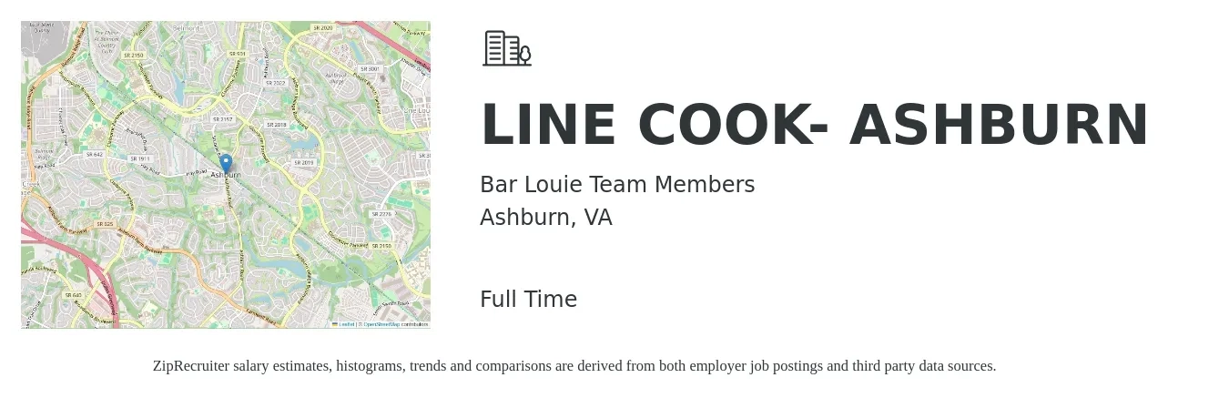 Bar Louie Team Members job posting for a LINE COOK- ASHBURN in Ashburn, VA with a salary of $16 to $20 Hourly with a map of Ashburn location.