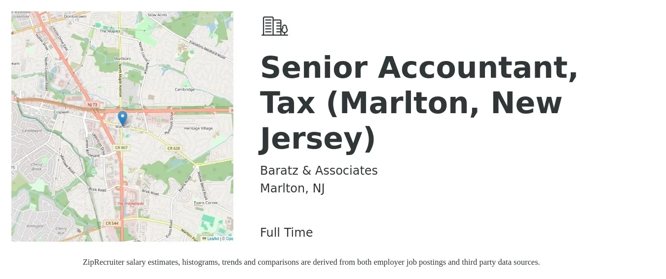 Baratz & Associates job posting for a Senior Accountant, Tax (Marlton, New Jersey) in Marlton, NJ with a salary of $82,300 to $105,400 Yearly with a map of Marlton location.