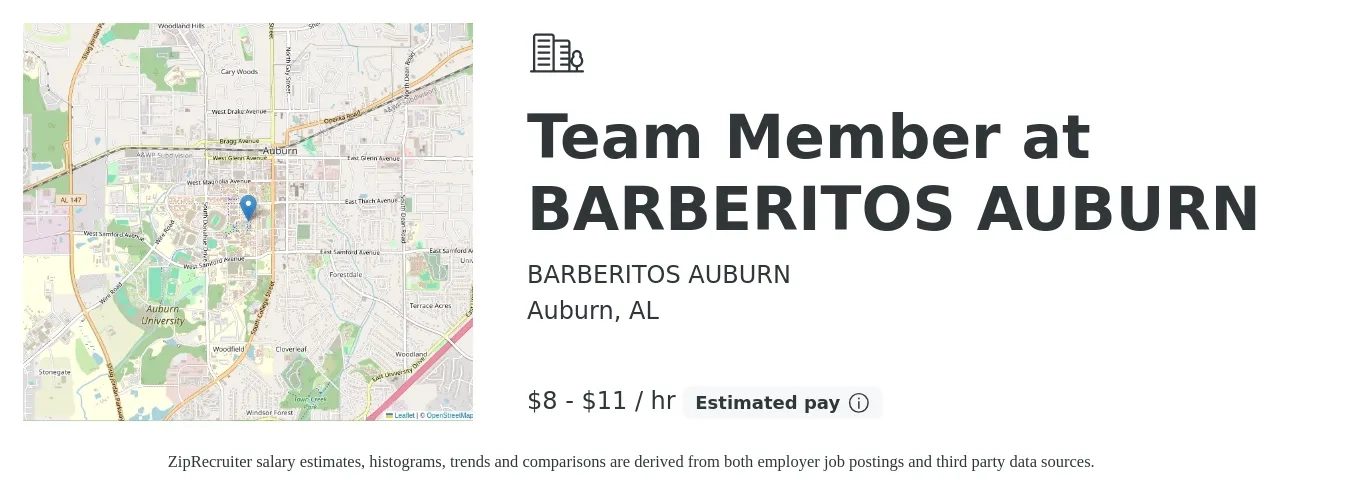 BARBERITOS AUBURN job posting for a Team Member at BARBERITOS AUBURN in Auburn, AL with a salary of $9 to $12 Hourly with a map of Auburn location.