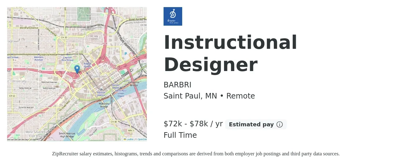 BARBRI job posting for a Instructional Designer in Saint Paul, MN with a salary of $66,300 to $89,700 Yearly with a map of Saint Paul location.