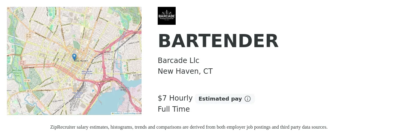 Barcade Llc job posting for a BARTENDER in New Haven, CT with a salary of $8 Hourly with a map of New Haven location.