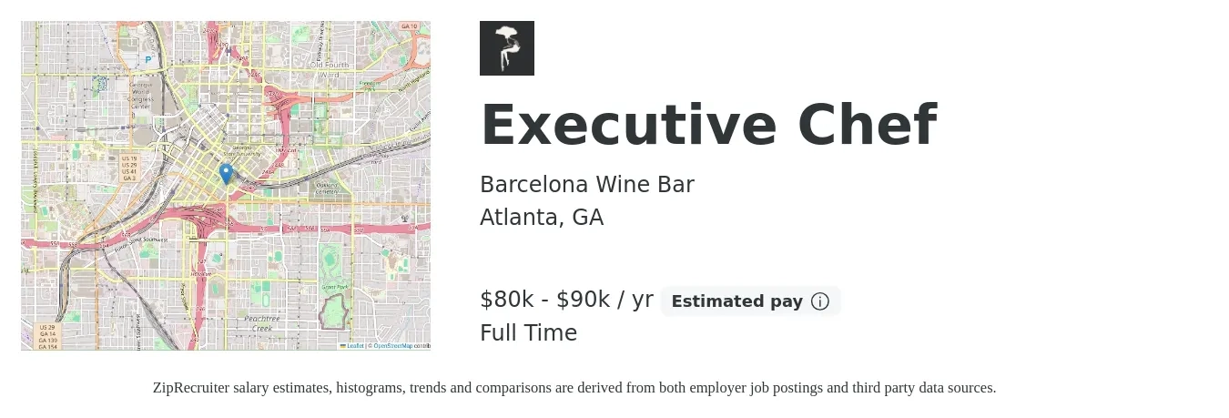 Barcelona Wine Bar job posting for a Executive Chef in Atlanta, GA with a salary of $80,000 to $90,000 Yearly with a map of Atlanta location.