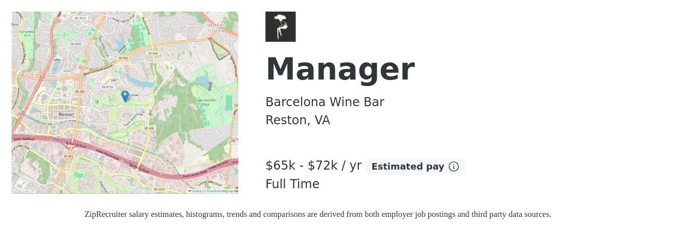 Barcelona Wine Bar job posting for a Manager in Reston, VA with a salary of $65,000 to $72,000 Yearly with a map of Reston location.