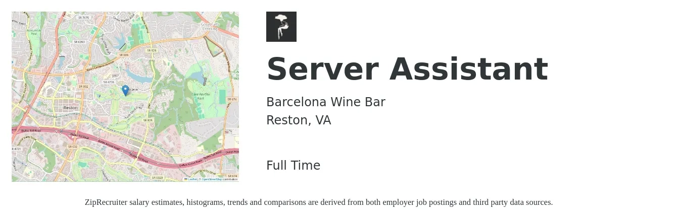 Barcelona Wine Bar job posting for a Server Assistant in Reston, VA with a salary of $10 to $16 Hourly with a map of Reston location.