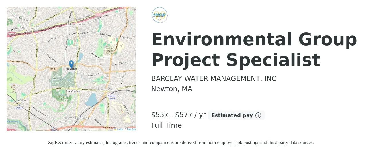 BARCLAY WATER MANAGEMENT, INC job posting for a Environmental Group Project Specialist in Newton, MA with a salary of $55,000 to $57,000 Yearly with a map of Newton location.