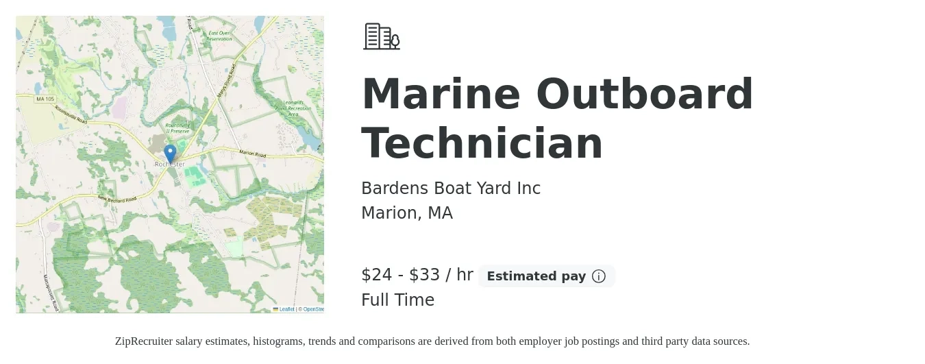 Bardens Boat Yard Inc job posting for a Marine Outboard Technician in Marion, MA with a salary of $25 to $35 Hourly with a map of Marion location.