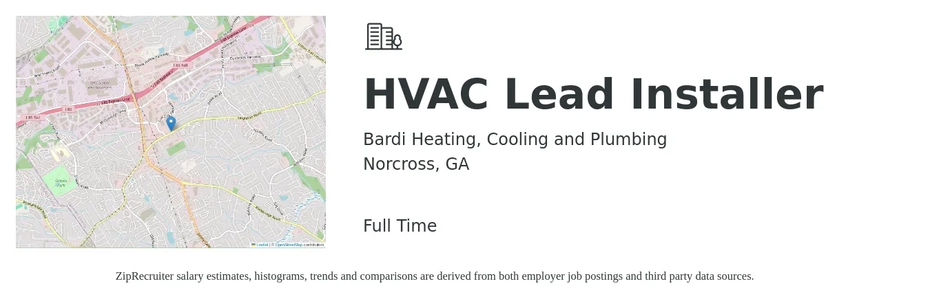 Bardi Heating, Cooling and Plumbing job posting for a HVAC Lead Installer in Norcross, GA with a salary of $70,000 to $120,000 Yearly with a map of Norcross location.