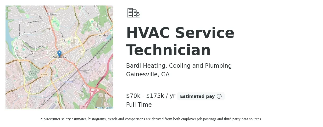 Bardi Heating, Cooling and Plumbing job posting for a HVAC Service Technician in Gainesville, GA with a salary of $70,000 to $175,000 Yearly with a map of Gainesville location.