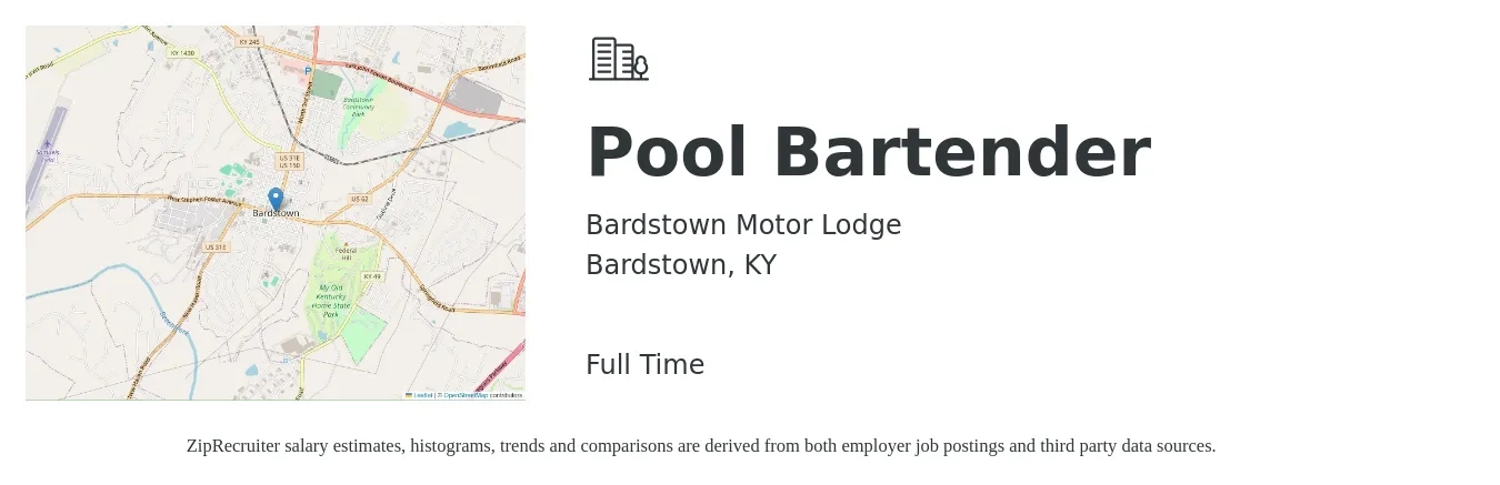 Bardstown Motor Lodge job posting for a Pool Bartender in Bardstown, KY with a salary of $9 to $16 Hourly with a map of Bardstown location.