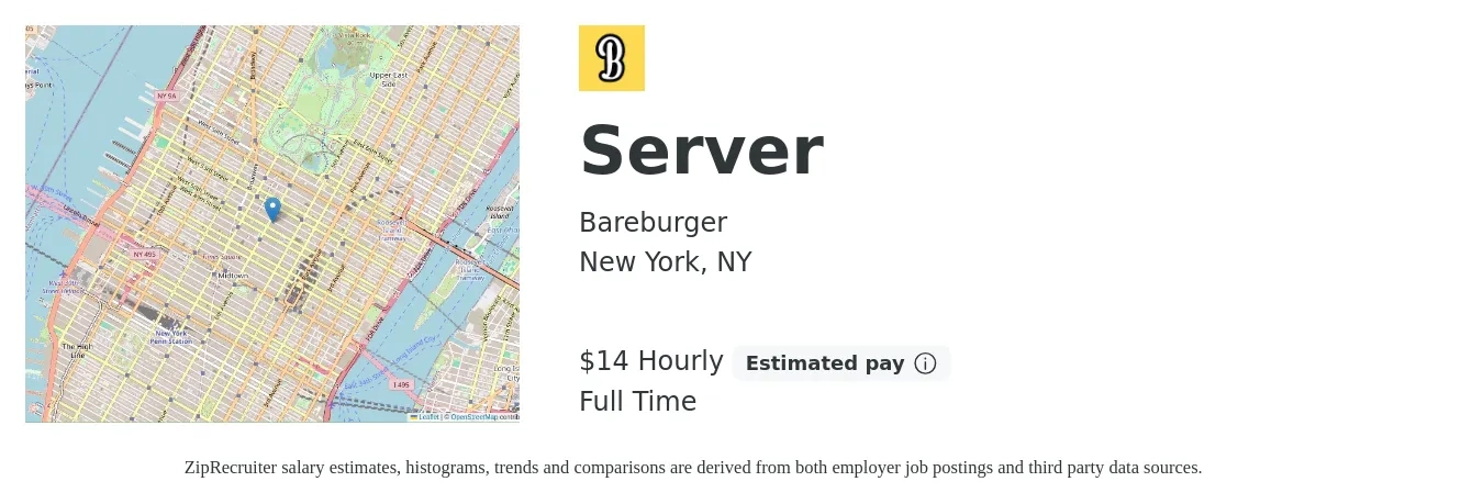 Bareburger job posting for a Server in New York, NY with a salary of $15 Hourly with a map of New York location.