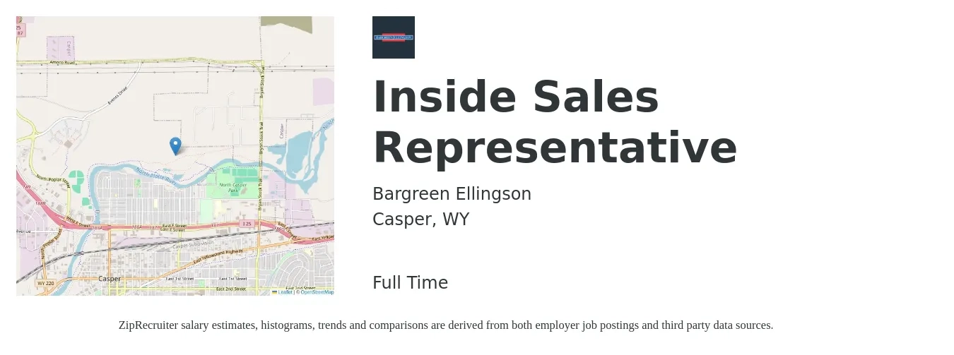 Bargreen Ellingson job posting for a Inside Sales Representative in Casper, WY with a salary of $15 to $25 Hourly with a map of Casper location.