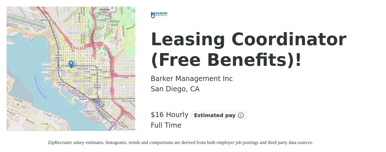Barker Management Inc job posting for a Leasing Coordinator (Free Benefits)! in San Diego, CA with a salary of $17 Hourly with a map of San Diego location.