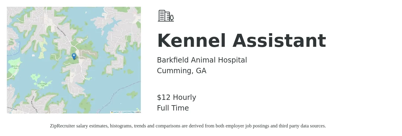 Barkfield Animal Hospital job posting for a Kennel Assistant in Cumming, GA with a salary of $9 to $14 Hourly with a map of Cumming location.