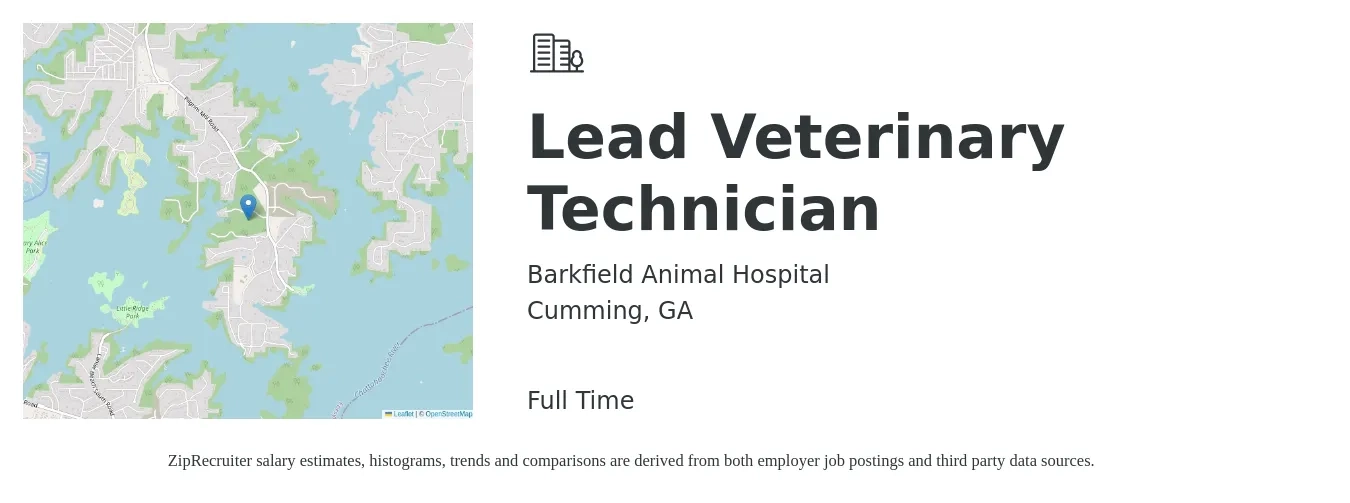 Barkfield Animal Hospital job posting for a Lead Veterinary Technician in Cumming, GA with a salary of $16 to $23 Hourly with a map of Cumming location.