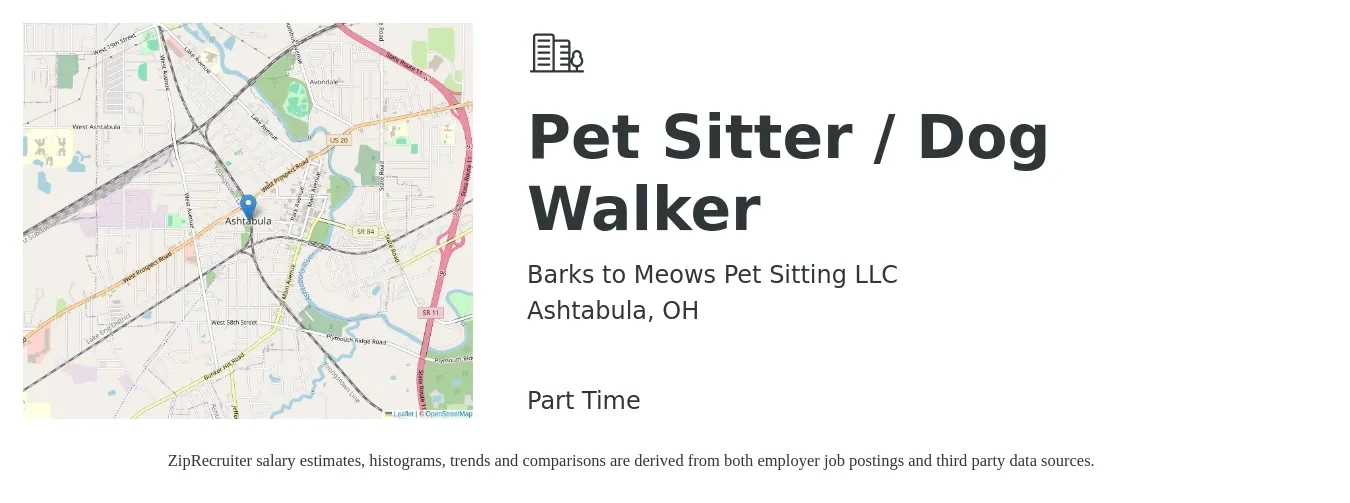 Barks to Meows Pet Sitting LLC job posting for a Pet Sitter / Dog Walker in Ashtabula, OH with a salary of $12 Hourly with a map of Ashtabula location.