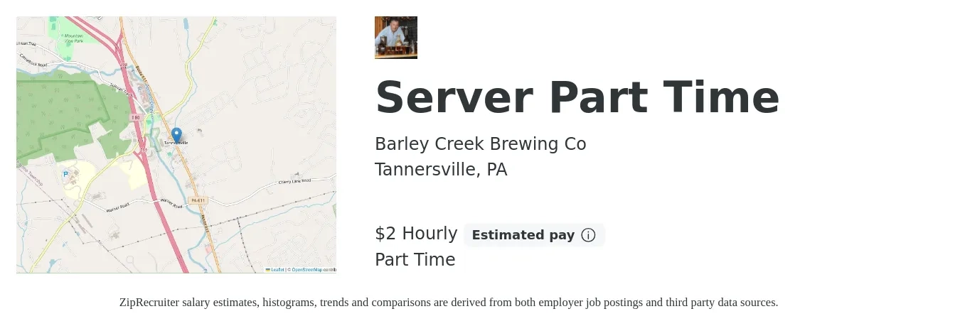 Barley Creek Brewing Co job posting for a Server Part Time in Tannersville, PA with a salary of $3 Hourly with a map of Tannersville location.