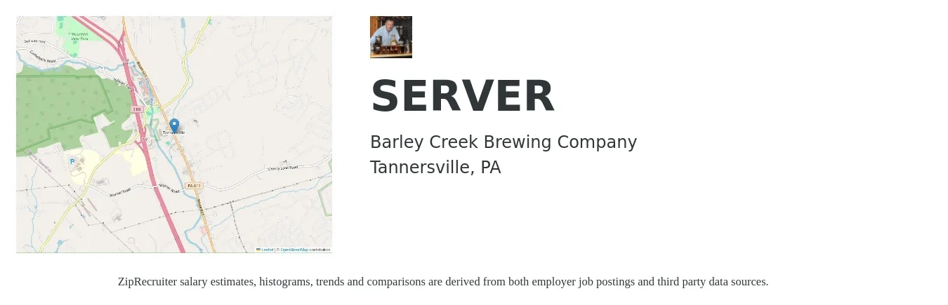Barley Creek Brewing Company job posting for a SERVER in Tannersville, PA with a salary of $10 to $16 Hourly with a map of Tannersville location.