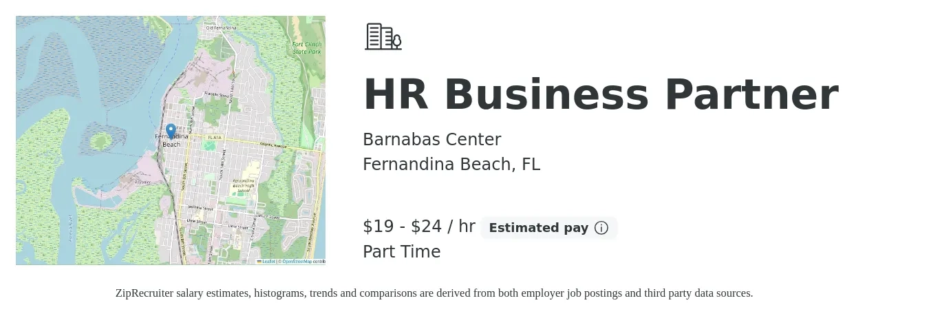 Barnabas Center job posting for a HR Business Partner in Fernandina Beach, FL with a salary of $20 to $25 Hourly with a map of Fernandina Beach location.