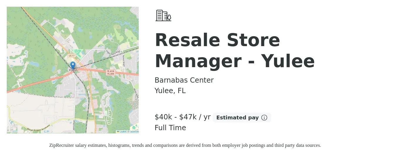 Barnabas Center job posting for a Resale Store Manager - Yulee in Yulee, FL with a salary of $40,185 to $47,923 Yearly with a map of Yulee location.