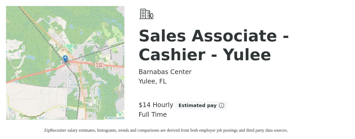 Barnabas Center job posting for a Sales Associate - Cashier - Yulee in Yulee, FL with a salary of $15 Hourly with a map of Yulee location.