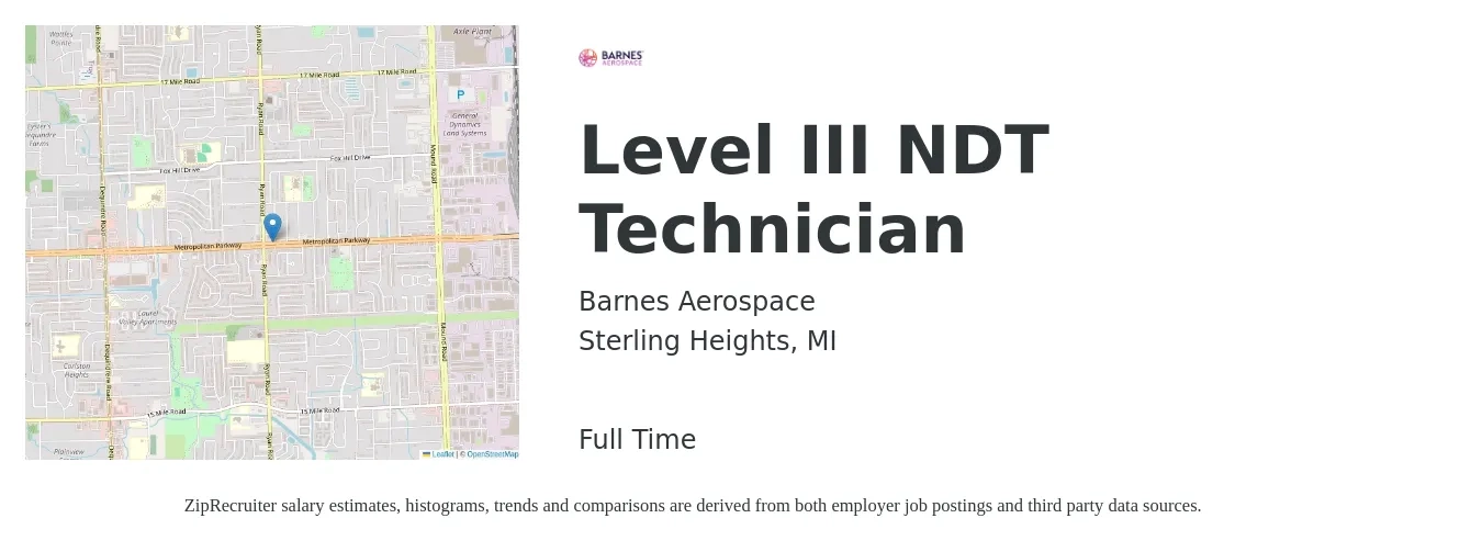 Barnes Aerospace job posting for a Level III NDT Technician in Sterling Heights, MI with a salary of $22 to $33 Hourly with a map of Sterling Heights location.