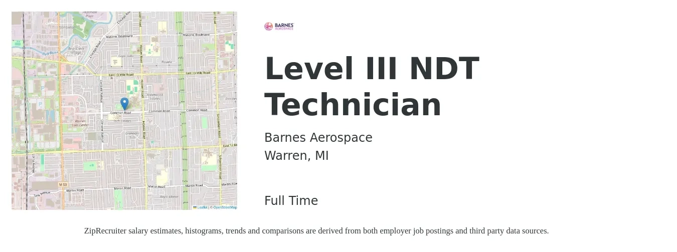 Barnes Aerospace job posting for a Level III NDT Technician in Warren, MI with a salary of $22 to $34 Hourly with a map of Warren location.