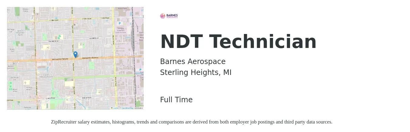 Barnes Aerospace job posting for a NDT Technician in Sterling Heights, MI with a salary of $22 to $33 Hourly with a map of Sterling Heights location.