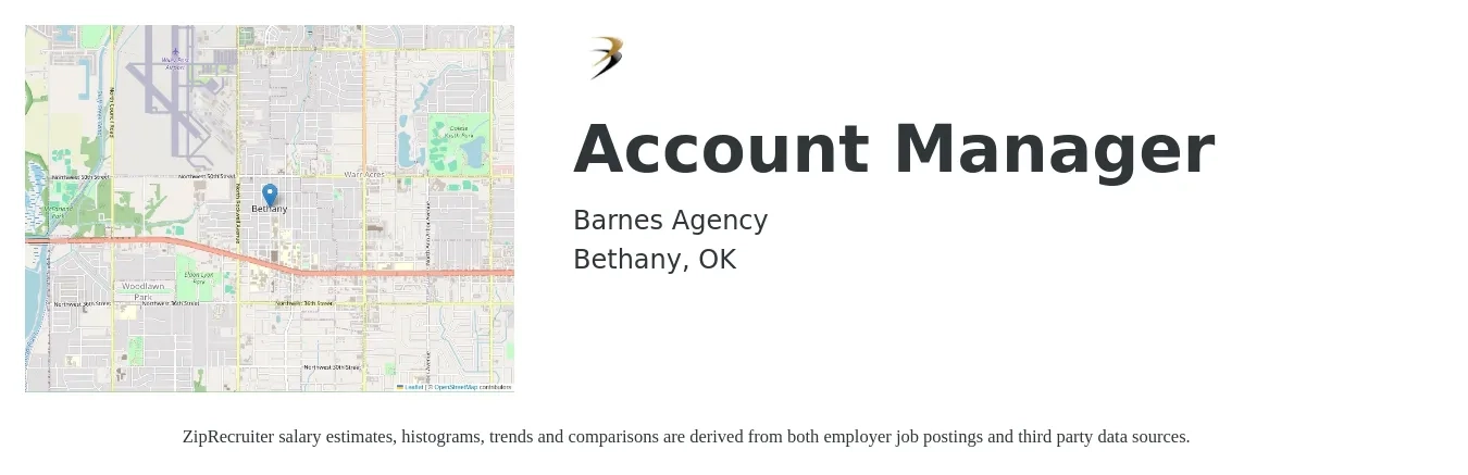 Barnes Agency job posting for a Account Manager in Bethany, OK with a salary of $45,600 to $74,500 Yearly with a map of Bethany location.
