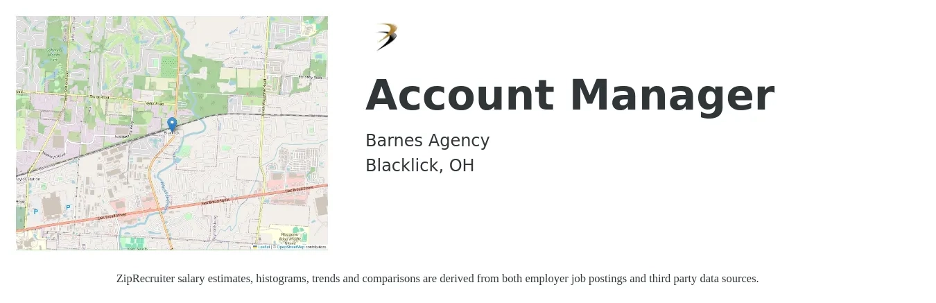 Barnes Agency job posting for a Account Manager in Blacklick, OH with a salary of $46,400 to $75,900 Yearly with a map of Blacklick location.