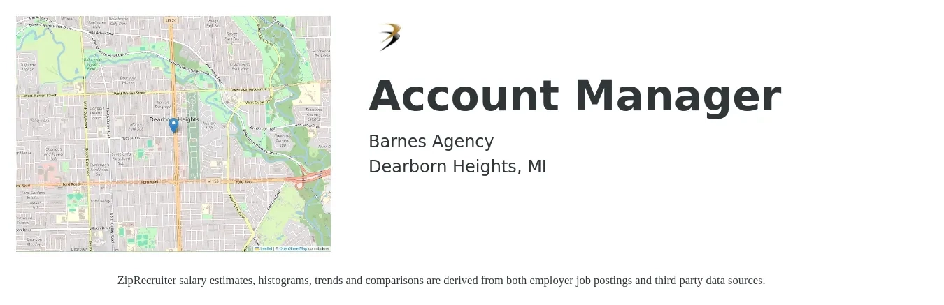 Barnes Agency job posting for a Account Manager in Dearborn Heights, MI with a salary of $44,300 to $72,400 Yearly with a map of Dearborn Heights location.