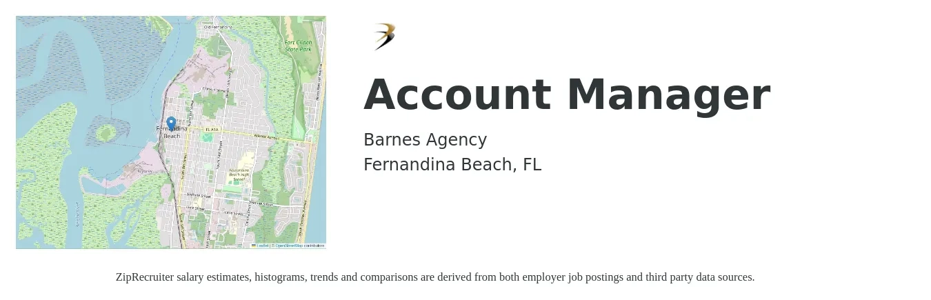 Barnes Agency job posting for a Account Manager in Fernandina Beach, FL with a salary of $44,400 to $72,700 Yearly with a map of Fernandina Beach location.
