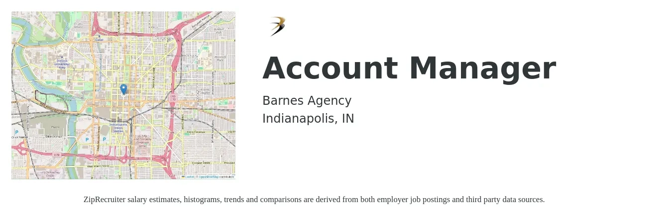 Barnes Agency job posting for a Account Manager in Indianapolis, IN with a salary of $45,900 to $75,000 Yearly with a map of Indianapolis location.