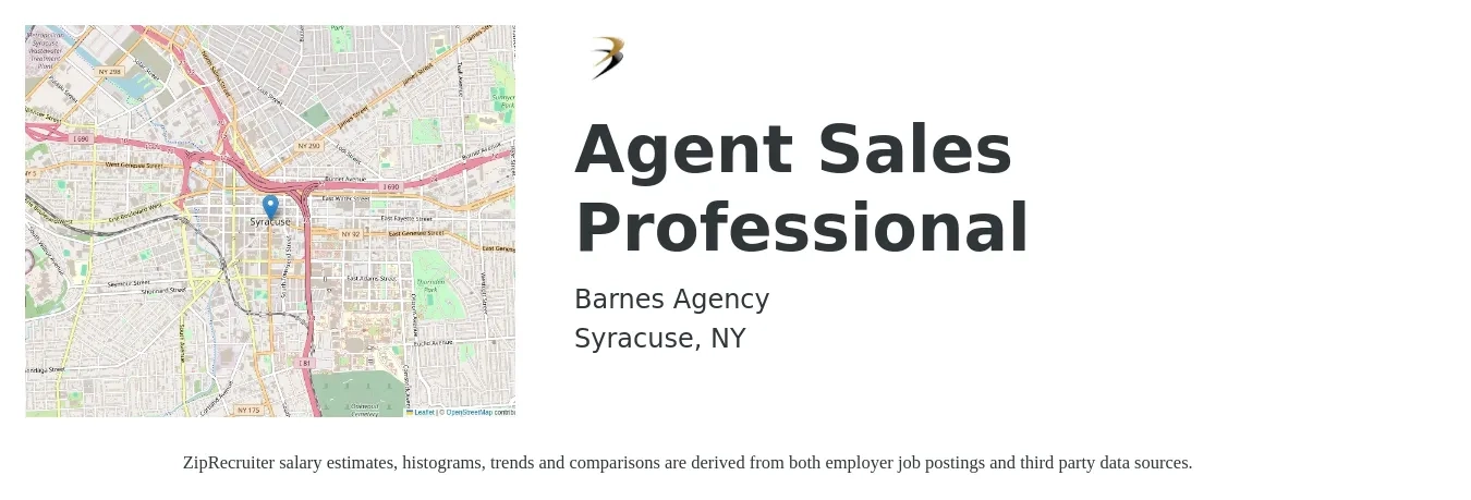 Barnes Agency job posting for a Agent Sales Professional in Syracuse, NY with a salary of $34,600 to $93,900 Yearly with a map of Syracuse location.