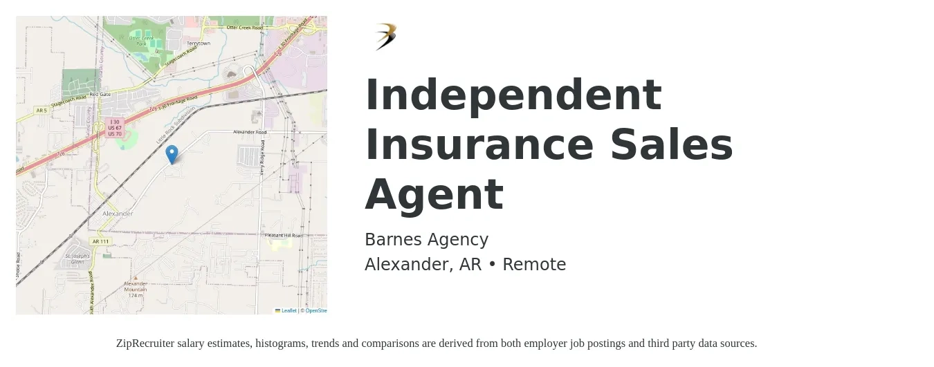 Barnes Agency job posting for a Independent Insurance Sales Agent in Alexander, AR with a salary of $44,800 to $84,400 Yearly with a map of Alexander location.