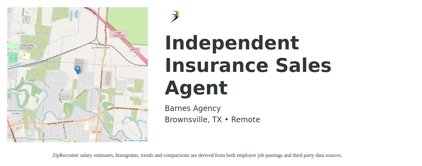 Barnes Agency job posting for a Independent Insurance Sales Agent in Brownsville, TX with a salary of $40,800 to $76,900 Yearly with a map of Brownsville location.