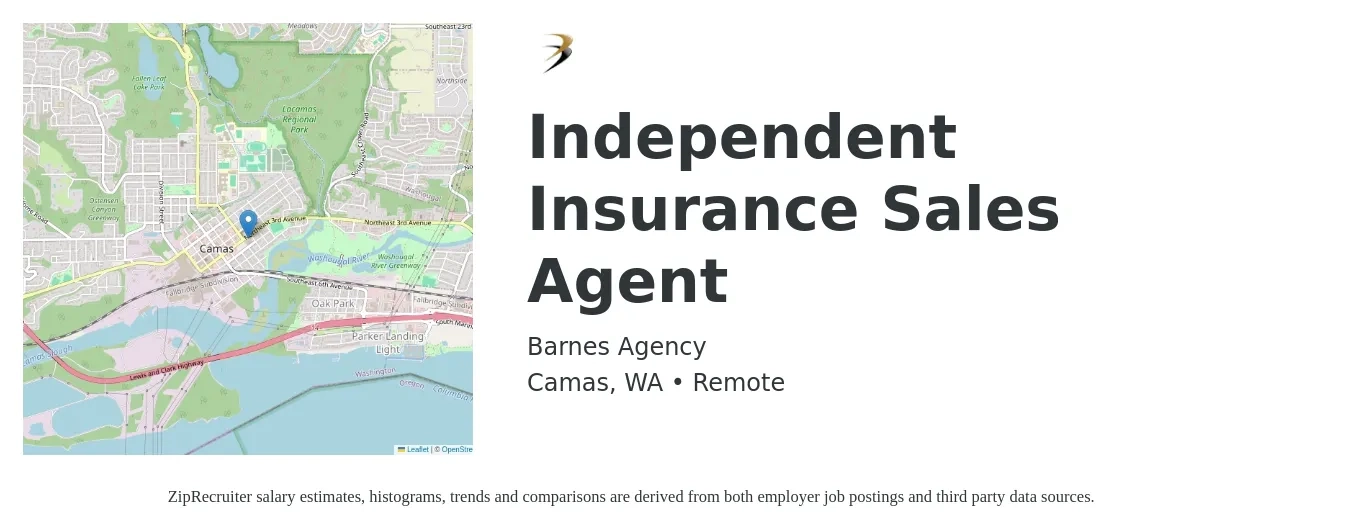 Barnes Agency job posting for a Independent Insurance Sales Agent in Camas, WA with a salary of $52,300 to $98,500 Yearly with a map of Camas location.