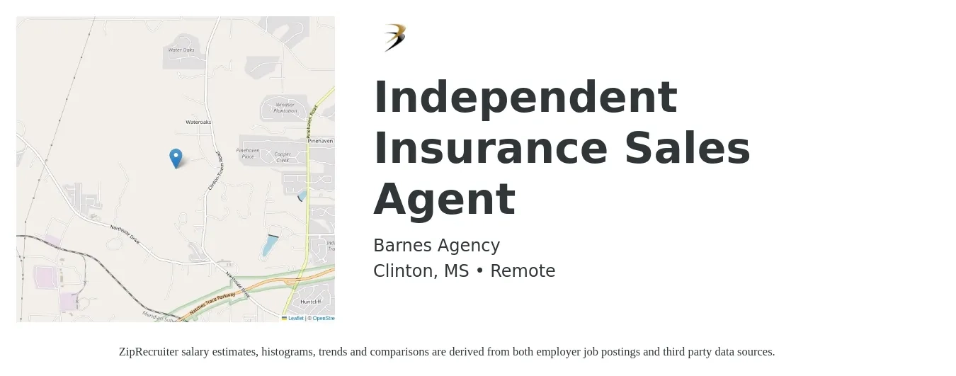 Barnes Agency job posting for a Independent Insurance Sales Agent in Clinton, MS with a salary of $41,100 to $77,500 Yearly with a map of Clinton location.