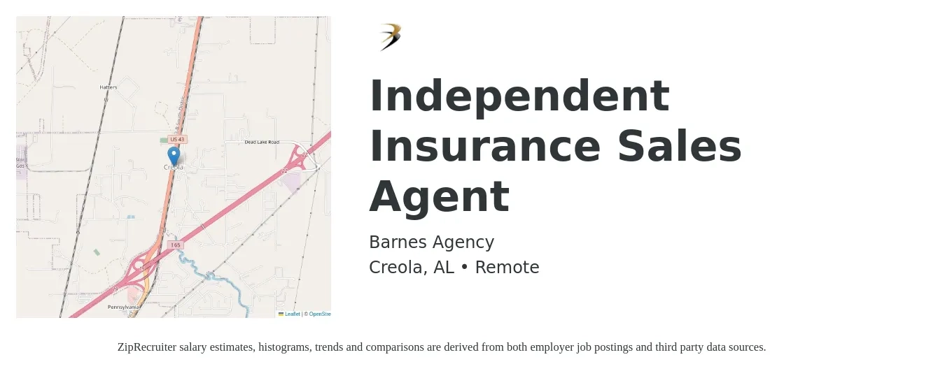 Barnes Agency job posting for a Independent Insurance Sales Agent in Creola, AL with a salary of $46,700 to $87,900 Yearly with a map of Creola location.
