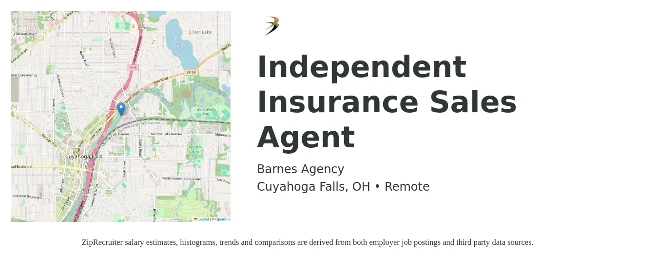 Barnes Agency job posting for a Independent Insurance Sales Agent in Cuyahoga Falls, OH with a salary of $42,400 to $79,800 Yearly with a map of Cuyahoga Falls location.