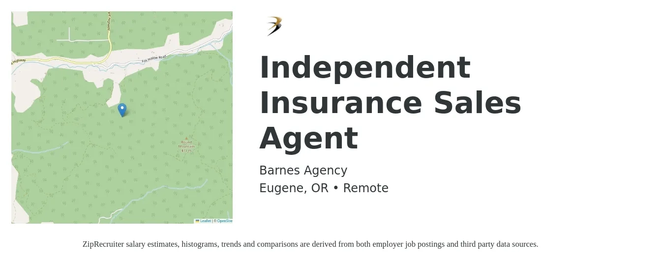 Barnes Agency job posting for a Independent Insurance Sales Agent in Eugene, OR with a salary of $47,700 to $89,900 Yearly with a map of Eugene location.