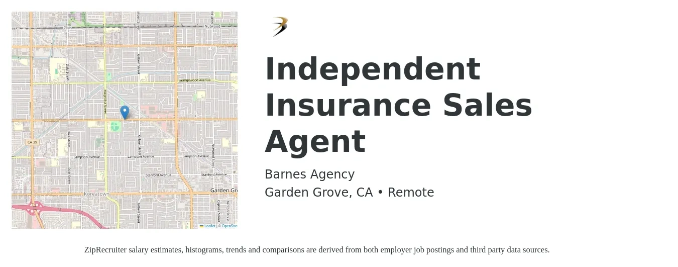Barnes Agency job posting for a Independent Insurance Sales Agent in Garden Grove, CA with a salary of $48,100 to $90,600 Yearly with a map of Garden Grove location.