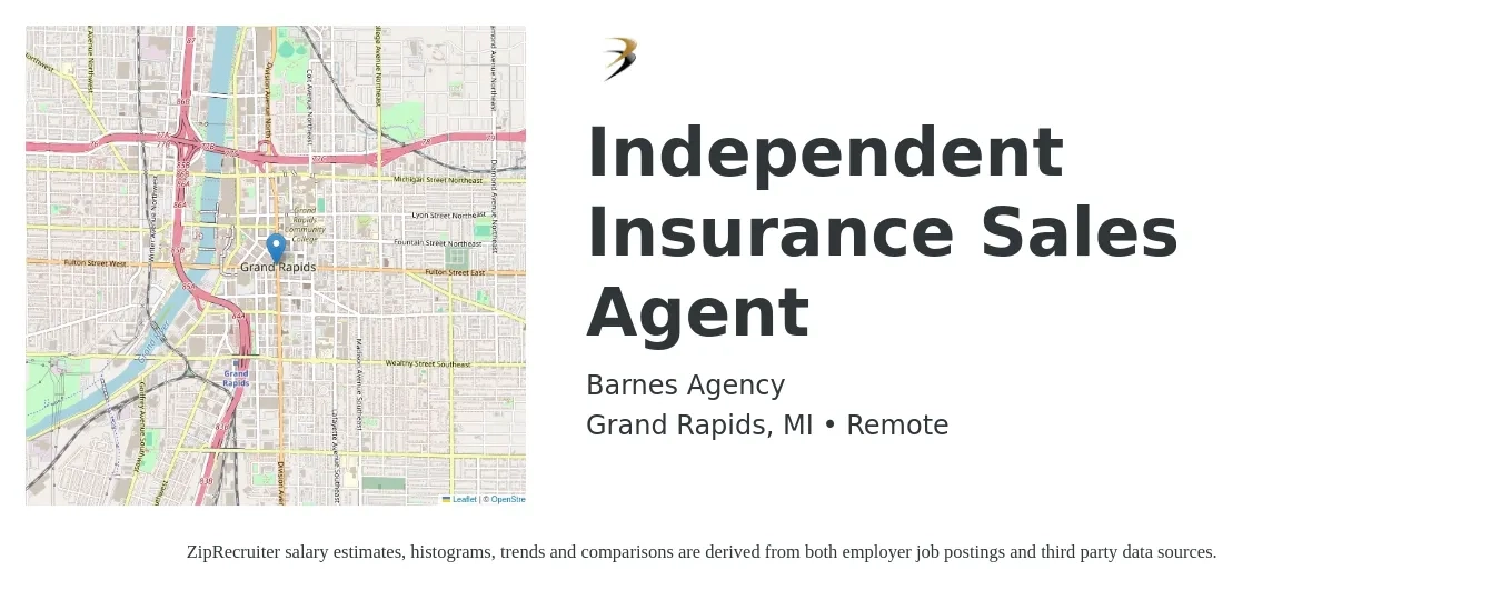 Barnes Agency job posting for a Independent Insurance Sales Agent in Grand Rapids, MI with a salary of $45,600 to $86,000 Yearly with a map of Grand Rapids location.