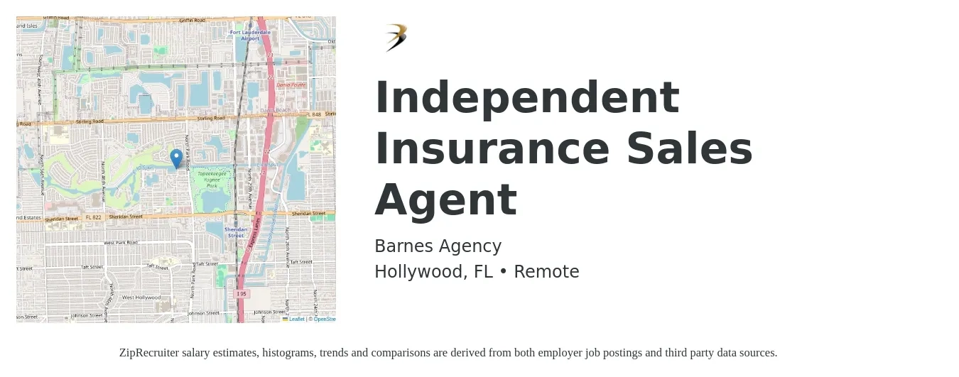 Barnes Agency job posting for a Independent Insurance Sales Agent in Hollywood, FL with a salary of $43,400 to $81,800 Yearly with a map of Hollywood location.