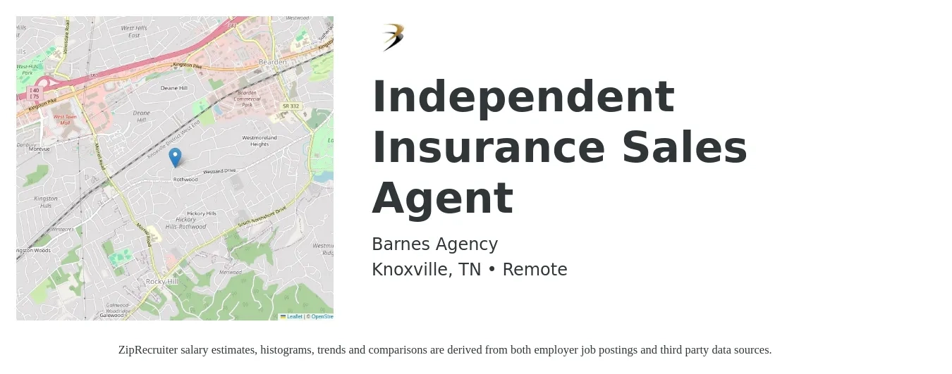 Barnes Agency job posting for a Independent Insurance Sales Agent in Knoxville, TN with a salary of $45,300 to $85,400 Yearly with a map of Knoxville location.