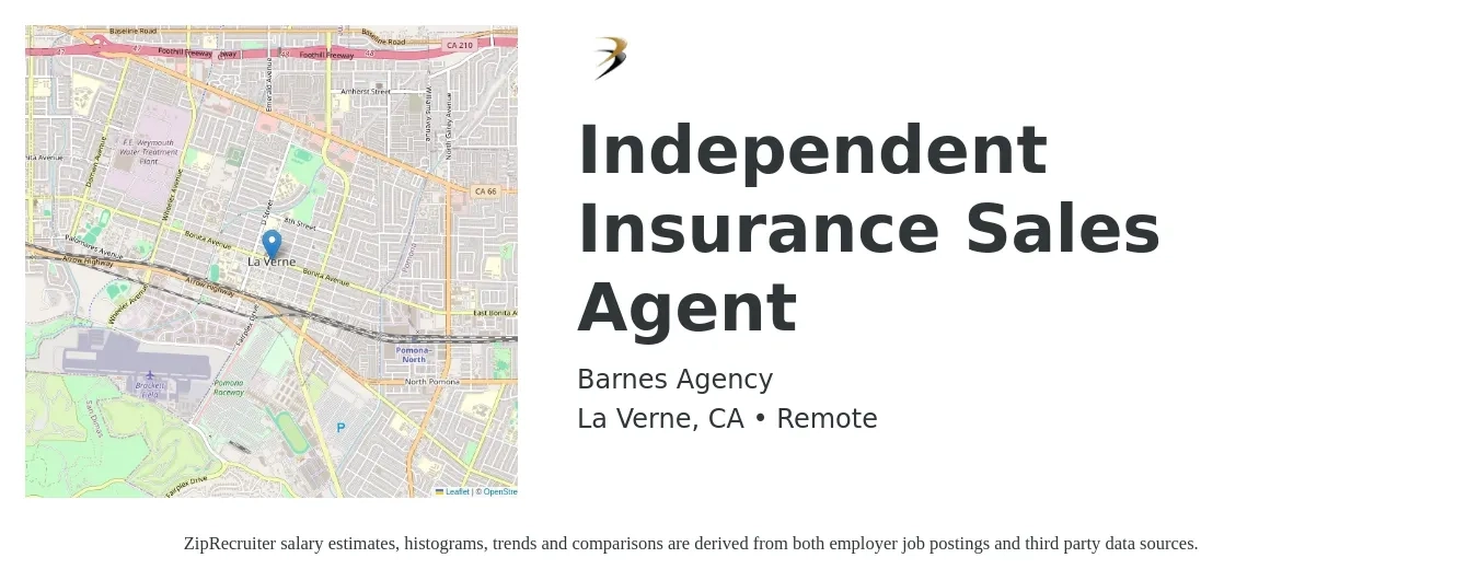 Barnes Agency job posting for a Independent Insurance Sales Agent in La Verne, CA with a salary of $47,400 to $89,300 Yearly with a map of La Verne location.